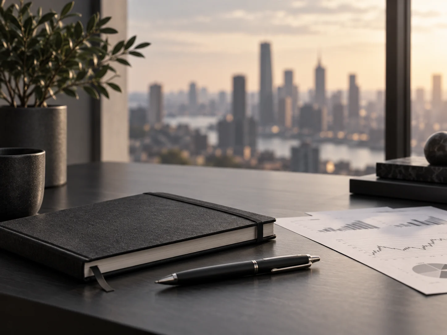 Arbeitsplatz mit Blick auf eine Stadt