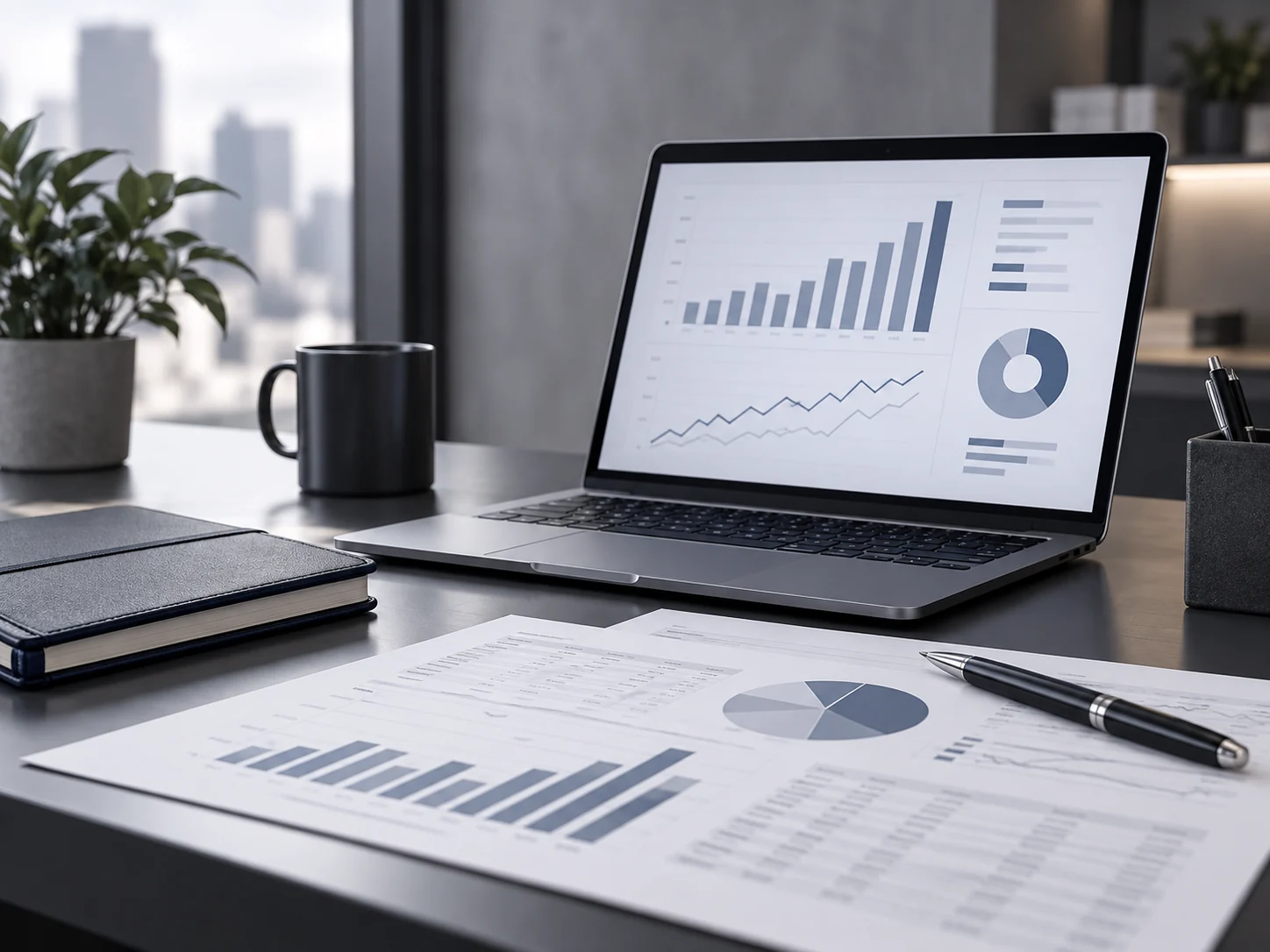 Laptop mit Finanzgrafiken und Auswertungen